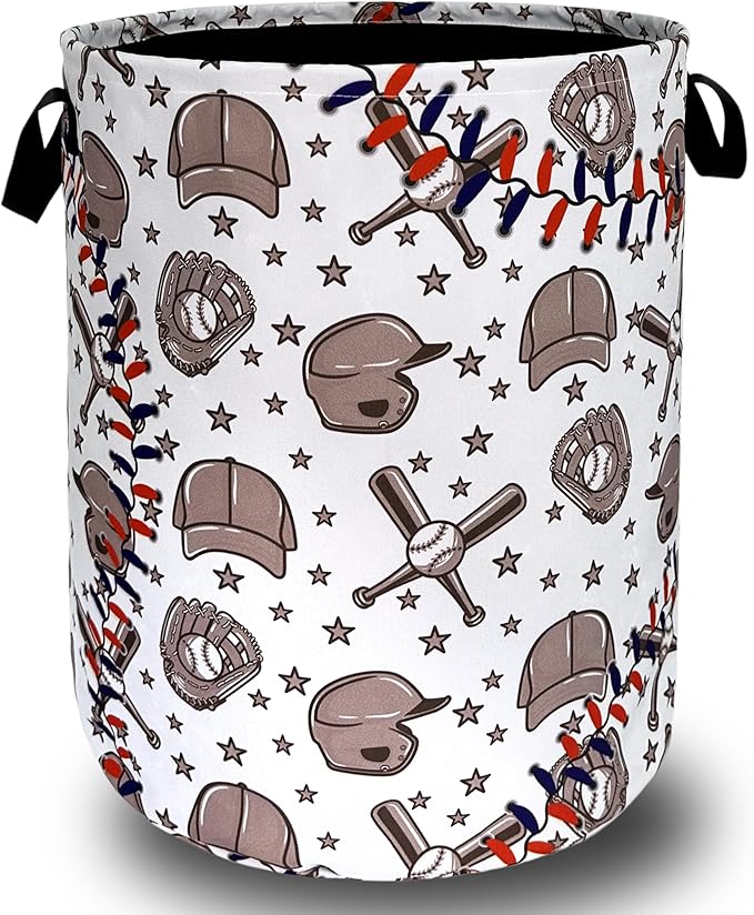 Retro Baseball Laundry Hamper Foldable With Handles Sports Theme Tote Bag Oxford Cloth Funny Laundry Basket Clothes Toy Storage Bucket 18.9"x16.5"For Bathroom/Laundry/Bedroom