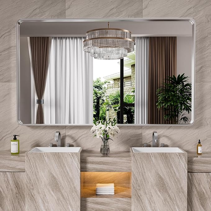 Brushed Nickel Bathroom Mirror 55x30 Inch, Brushed Silver Metal Frame Mirror Wall Mounted, Rounded Rectangle Bathroom Vanity Mirror, Tempered Glass, Anti-Rust, Horizontal/Vertical