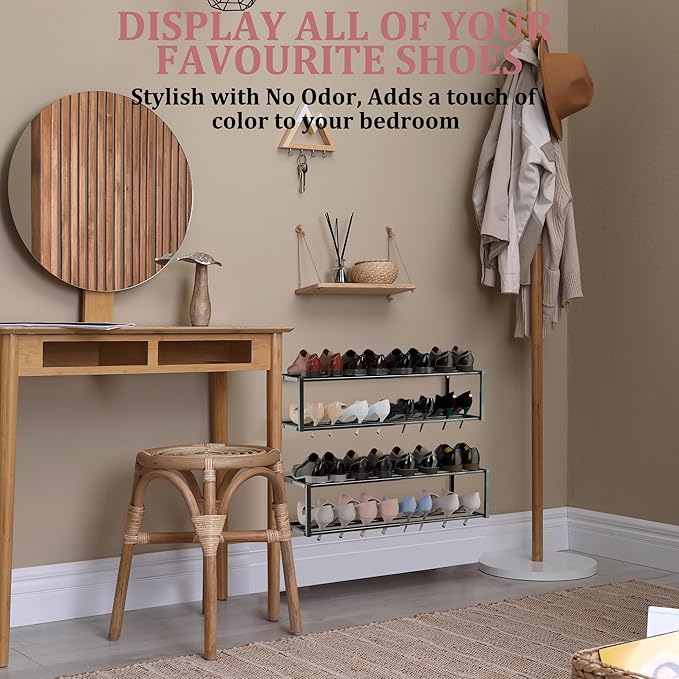 Expandable Wall Mounted Shoe Rack, 17"-31" Adjustable Hanging Shoe Rack Holds 8 Pairs, Heavy Duty Metal Shoe Holder with 2 Storage Hooks, Space Saving for Entryway Closet Doorway（Black）