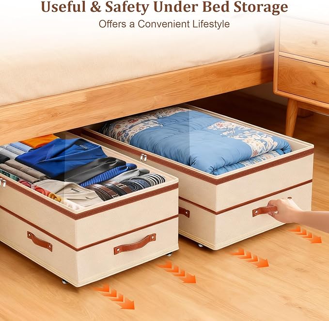 Dolicer 2 Pack Under Bed Storage with Wheels, 6in-10in Height Adjustable Underbed Storage Containers, 92L XXXL Under Bed Drawers Rolling Bin with Clear Lids for Dorm Shoes Clothes Organizers(Beige)