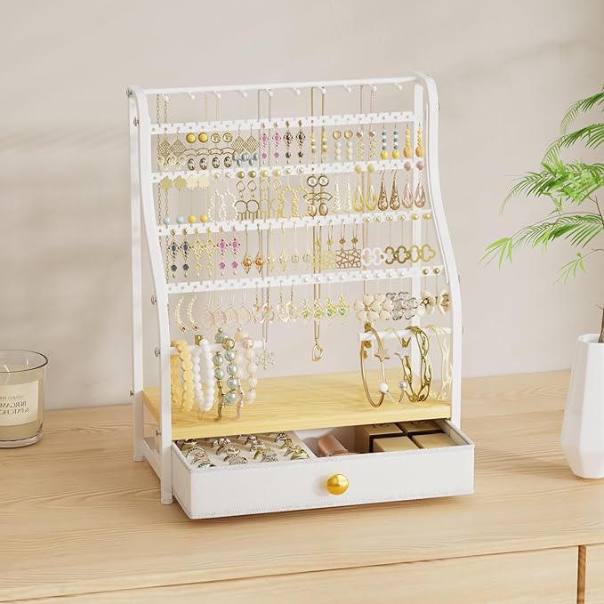 SWTYMIKI Earring Holder Organizer - Jewelry Organizer Stand with Necklace Hooks, Watch Rods, Nonwoven Drawer, Large Capacity Jewelry Display for Stud Earring Bracelet Necklace Ring, White