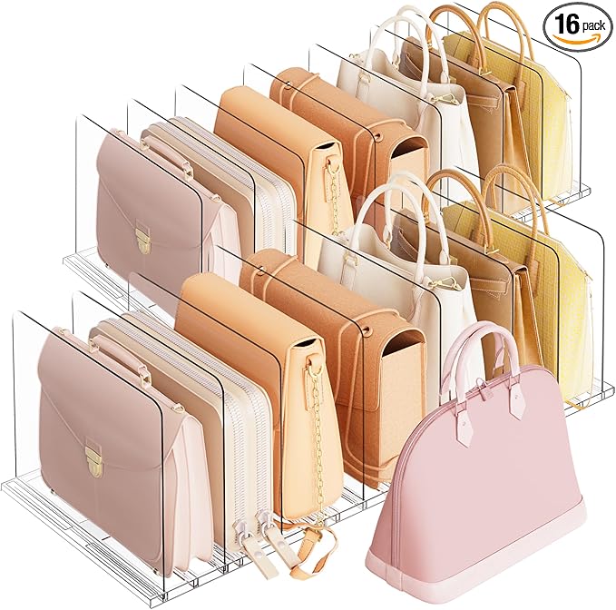 Criusia Adjustable Closet Purse Organizer Rack – 28.8" Extra-Long Shelf Divider with 12 Base Panels & 16 Dividers – Non-Slip Handbag Holder for Bags, Clothes, Kitchen, Office