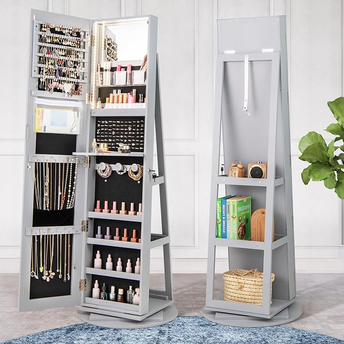 GOFLAME 360° Rotating Jewelry Cabinet with Full-Length Mirror, Freestanding Jewelry Armoire with 3-Color LED Light and Back Storage Shelf, Lockable Jewelry Organizer for Bedroom Cloakroom, Gray