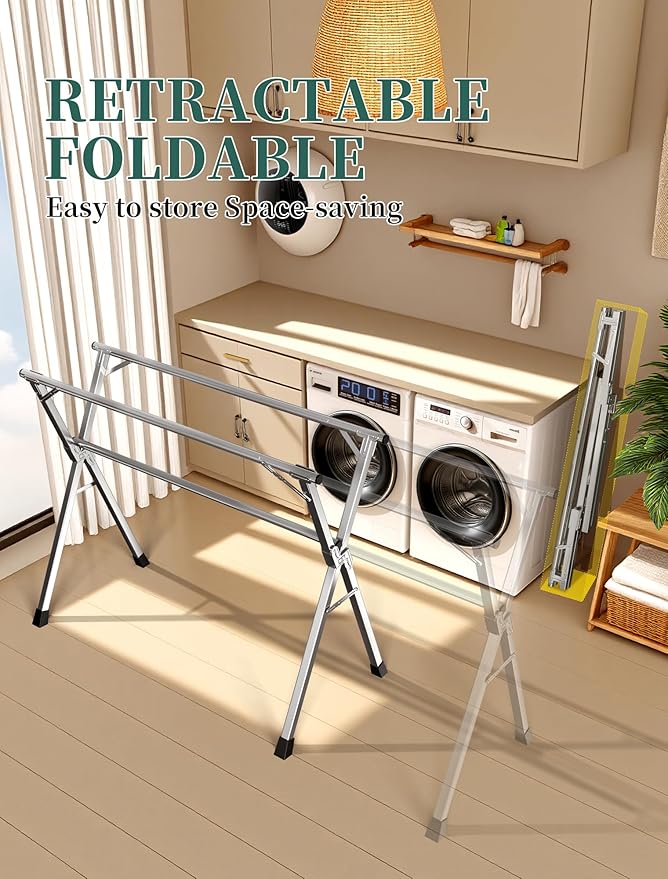 63 Inches Heavy - Duty Stainless Steel Folding Clothes Drying Rack Clothing Indoor Outdoor Anti-Rust 20 Windproof Hooks Portable & Foldable Laundry Rack (63'')