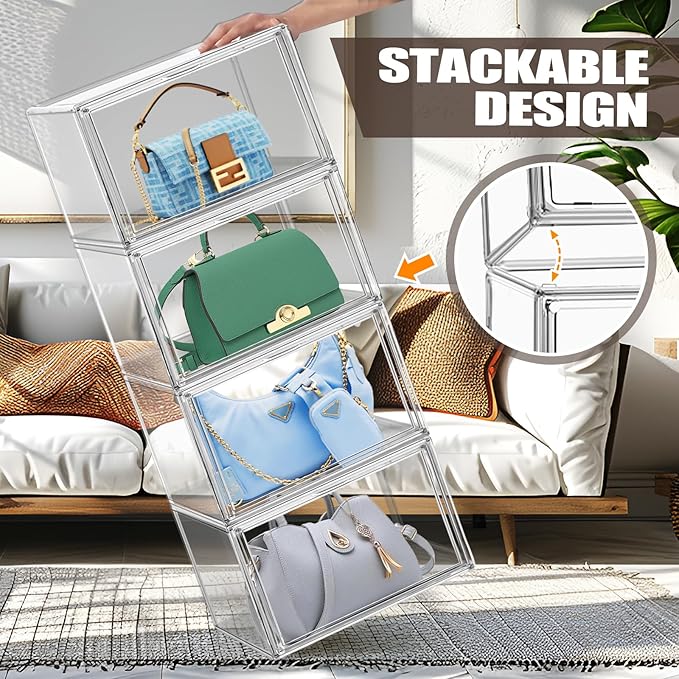 10 Pack Purse Organizer for Closet, 14.1''x8.6''x10.9 '' Clear Acrylic Display Case with Magnetic Door, X-Large Plastic Stackable Handbag Organizer for Collectibles, Figures, Size 14 Shoes, Cosmetic