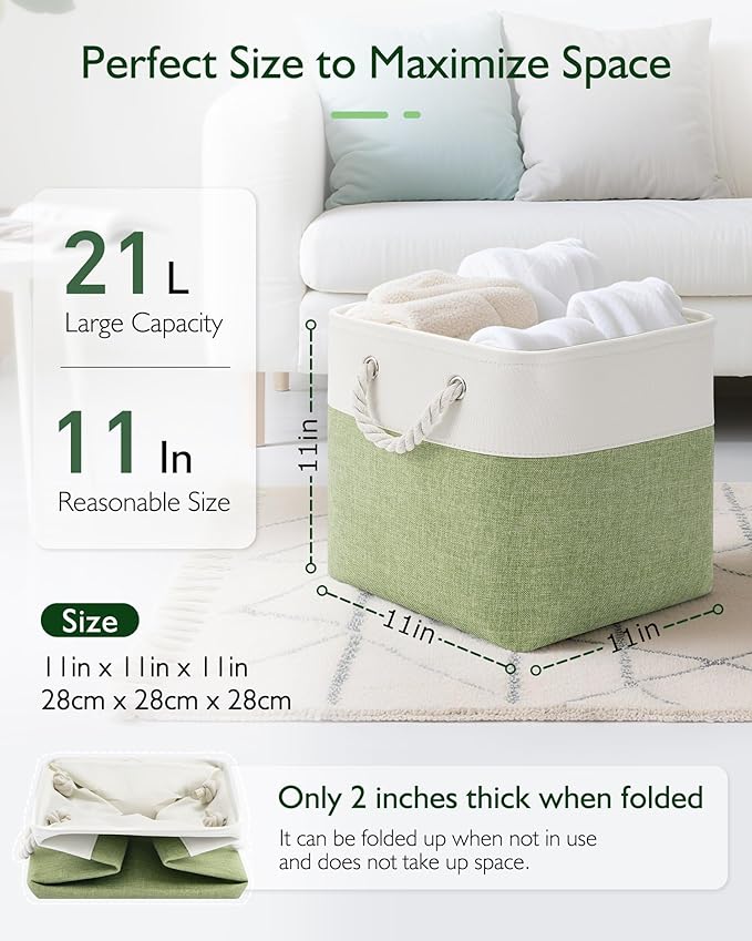 11 Inch Storage Cubes 4-Pack, Foldable Fabric Organizer Bins with Rope Handles, Cube Storage Baskets for Closet Shelves and Home Organization(White/Green)