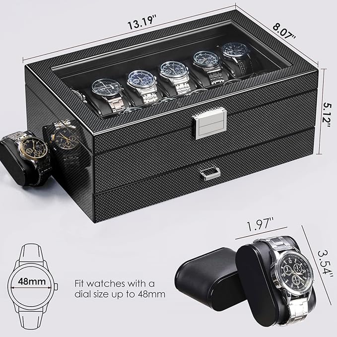BEWISHOME High-End Watch Case, 12-Slot Wooden Watch Box with Valet Drawer, 2-Layer Watch Organizer Watch Display Case for Jewelry, Watch Storage Holder for Men Women Black SSH02A