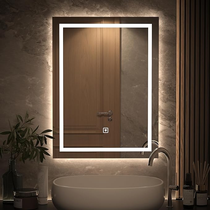 32"*24" Rectangular LED Vanity Mirror with Lights, Bedroom and Bathroom Mirror, Touch Control 3-Color Dimmable Lighting, Easy Wall Mount, Plug-in Power, Classic