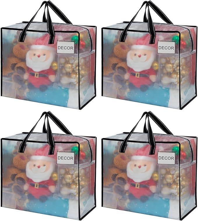 VENO 4 Pack Moving Bags, Christmas Storage Containers, Storage Totes, Zipper On Top, Sturdy, Storage Bags for Camping, Clothes, Bedding, Comforters, Pillows (13 Gallon Clear, 4 Pack)