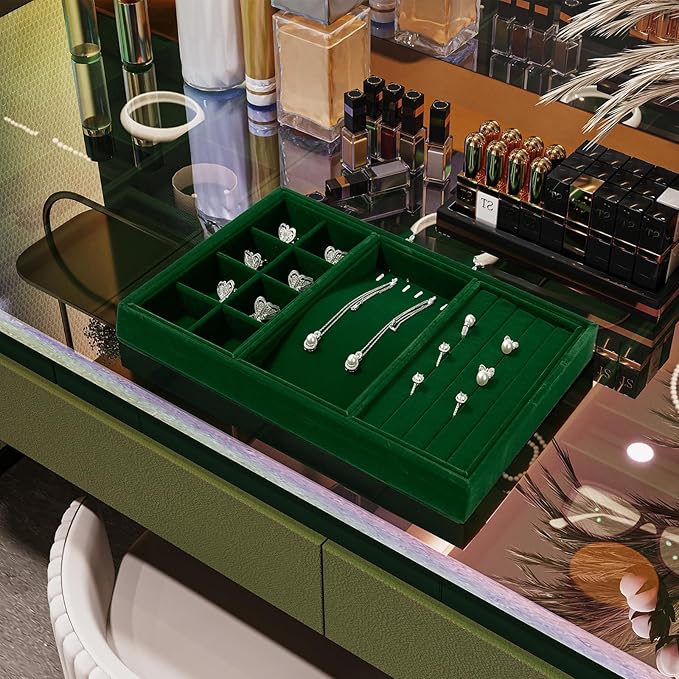 4 In 1 Velvet Jewelry Trays Jewelry Drawer Organizer Tray Stackable Jewelry Trays Necklace Bracelet Ring Earring Organizer Tray(Green)