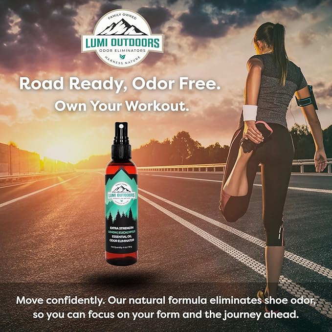 Lumi Outdoors Natural Shoe Deodorizer Spray (700+ Sprays) - Extra Strength Shoe Odor Eliminator for Smelly Shoes & Foot Odor - Replaces Shoe Balls & Inserts - Eucalyptus Lemongrass