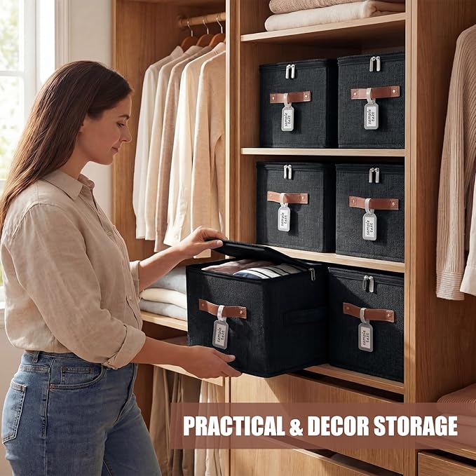 6 Pack Fabric Closet Storage Bins with Zipper Lids and Label, 10×8×7In Large Size Foldable Cotton Linen Storage Cubes Boxes with PU Leather Handles Holders for Bedroom, Shelf, Nursery, Black
