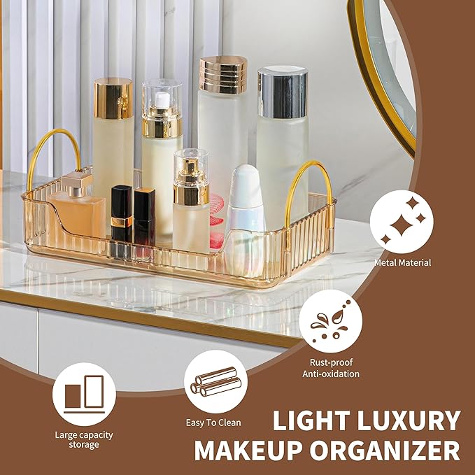 YCIA&DONE Bathroom Organizer Countertop, Makeup Storage, Skincare Cosmetic Tray Shelf, Perfume Holder Rack for Vanity Counter, Large Capacity, Easy to Install, Clean, 1 Tier, Amber Gold
