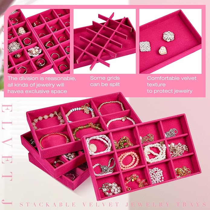 Junkin 12 Pcs Jewelry Tray Velvet Stackable Jewelry Organizer Trays Divided Earring Accessories Storage Containers Box (Rose Red)