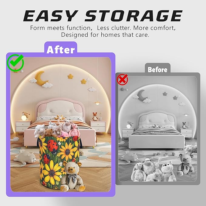 Ladybug Sunflower Laundry Basket Cartoon Oxford Cloth Laundry Hamper Funny With Handle Foldable Portable Clothes Storage Basket 18.9 X 16.5 In Storage Bag For Laundry Room/Bathroom/Bedroom/Dormitories