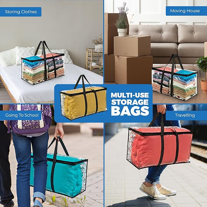 2 Pack Clear Large Moving Bags, Heavy Duty Storage Bags, College Totes, Storage Bins, for Organizing Blankets, Clothing for College, Dorm, Packing, Durable with Zipper and Handle 25x14x12