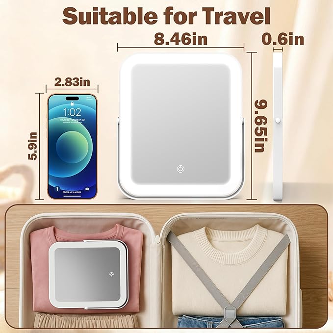 ROLOVE Travel Makeup Mirror with Lights, 8x10 Inch Aluminum LED Vanity Mirror, Rechargeable Portable Mirror for Desk & Travel Essentials, Light Up Mirror with Stand, Dimmable Touch Screen