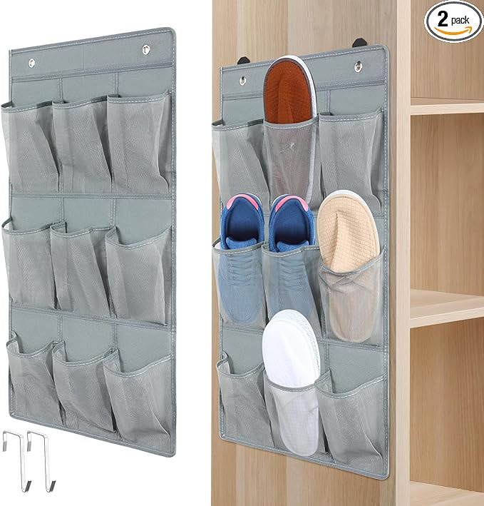 2 Pack 18 Pocket Wall Hanging Shoe Rack for Closet RV Shoe Storage with 8 Hooks over the Door Shoes Holder Organizer for Bathroom, RV, Pantry, Camping(Gray)