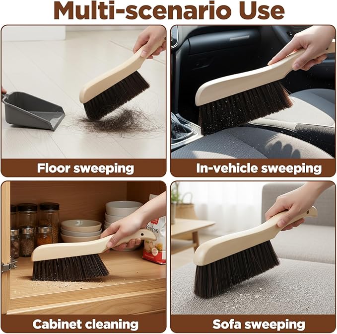 6 Pieces Wooden Hand Broom, Soft Bristle Dust Brush with Long Wood Handle, Cleaning Brush for Furniture, Car, Sofa, Bed, Fireplace, Bench, Counter, Clothes, Household Cleaning, Brown