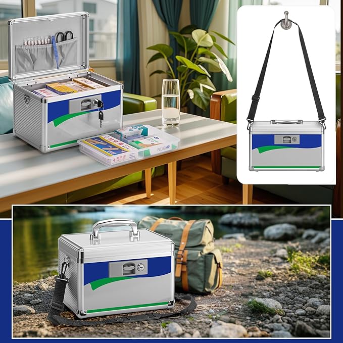 Medicine Lock Box for Safe Medication - 15 x 8.7 x 9.4 Inches - Lockable Storage Box for Drugs, First Aid Kit Empty, Lock Boxes with Key for Home/Outdoor (Blue/X-Large)