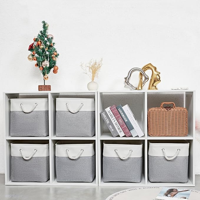 12 x 12 Inch Cube Storage Bins, 6 Pack Large Collapsible Fabric Storage Bin with Ropes, Foldable Storage Cubes for Home, Office,Closet, Clothes, Toys Organizer (White & Grey)