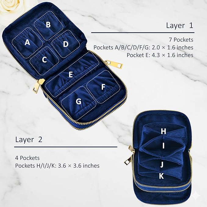 Travel Jewelry Organizer Case, Lisse Velvet 2-Layer Pouch, 11-Pocket for Necklaces, Bracelets, Earrings & Rings, Anti-Tangle Scratch-Resistant Small Jewelry Bag, Elegant Gift (Navy Blue)