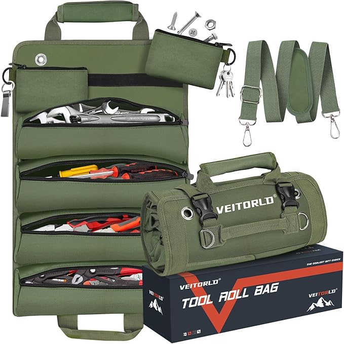 Roll Up Tool Bag, Gifts for Him Men Dad Husband Boyfriend Valentines Day, Portable Tools Storage for Men, Heavy Duty Tool Organizer W/Detachable Pouches for Electrician Mechanic Carpenter