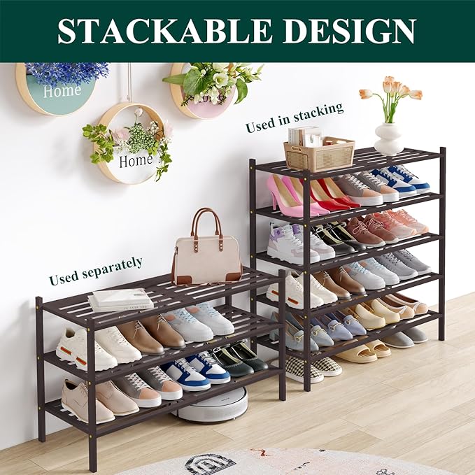 Smiry Long Bamboo Shoe Rack 2-Tier, Stackable Wooden Shoe Organizer for Entryway & Closet, Free Standing Wood Shoe Storage Shelf for Front Door & Small Spaces, Brown