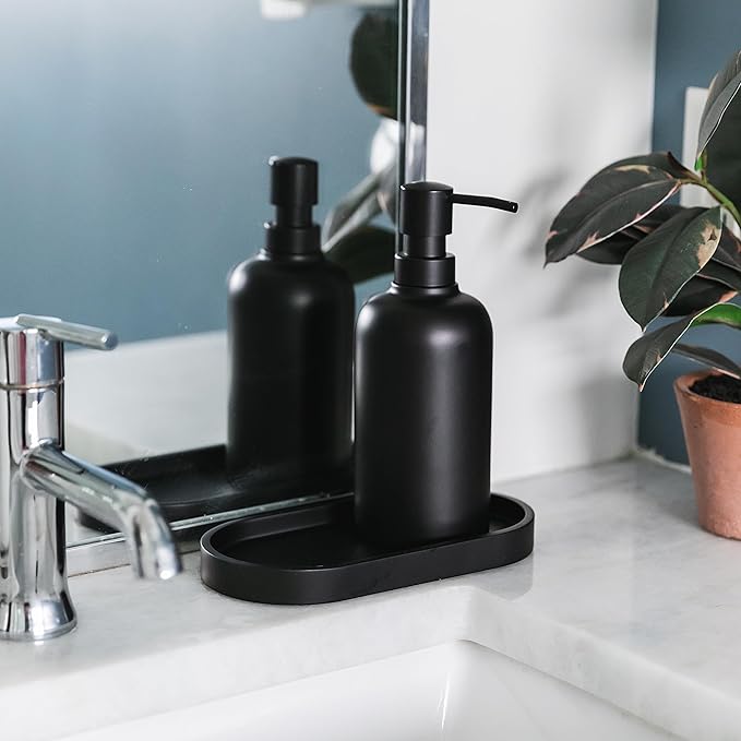Matte Black Round Soap Dispenser Tray, 8” Soap and Lotion Bottle Tray Organizer Plate for Bathrooms, Kitchens, Countertops - Holds 2 Soap Dispensers