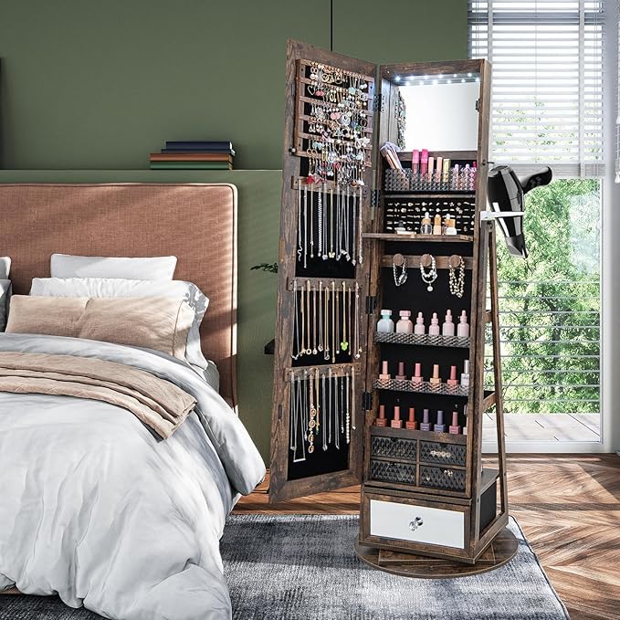 CHARMAID 360° Swivel Jewelry Cabinet Armoire 64.5" H, Full Length Mirror with Jewelry Storage, 6 LEDs Lockable Jewelry Organizer, Rear Storage Shelves, Large Drawer, Hairdryer Holder (Rustic Brown)