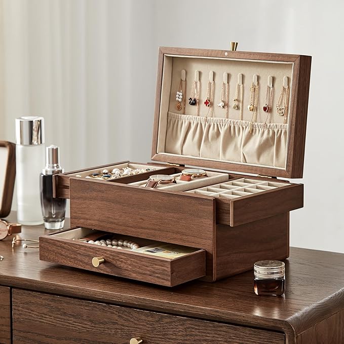 Wooden Jewelry Box for Women, 3 Level Multi-functional Drawers Black Walnut Jewelry Organizer Box, Watch, Necklace, Ring, Earring Storage - Valentine's Day Gifts (No Mirror)