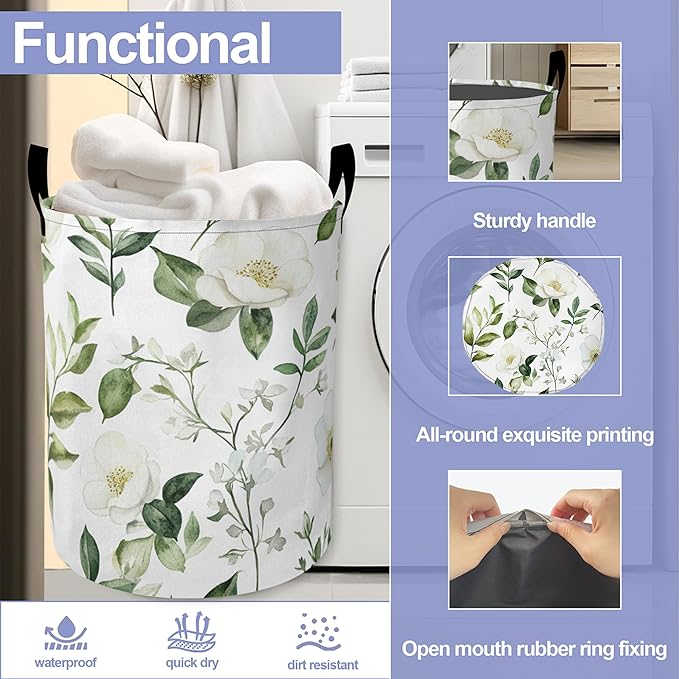 Retro Flowers Laundry Basket-Large Foldable Hamper Holder Portable Tall Collapsible Laundry Hamper Storage Basket Bin with Handles, Canvas & Waterproof lining for Household Items