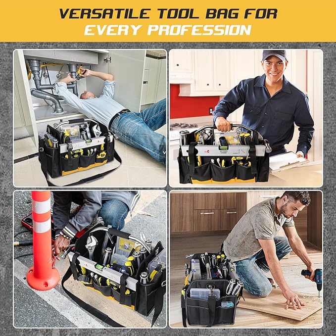 18 Inch Open Top Tool Bag, Tool Bags for Men with 30 Pockets, 1680D Waterproof Fabric, Foldable Electrician Tool Bag with Rotating Handle, Reflective Tool Organizer for Men, Yellow