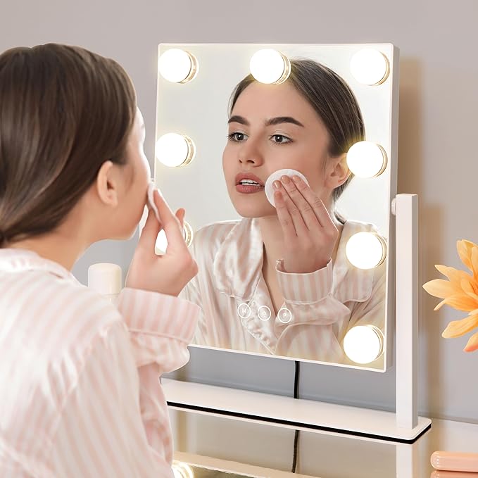 Vanity Mirror with Lights,Lighted Vanity Mirror with 9 Dimmable Bulbs for Dressing Room & Bedroom,3 Color Lighting,Modes Detachable 10x Magnification 360°Ratation(White)