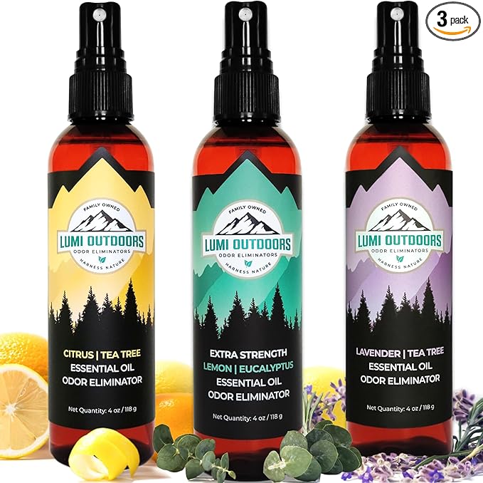 Lumi Outdoors Natural Shoe Deodorizer Spray 3 Pack Bundle - Lemon Eucalyptus, Citrus Tea Tree, Lavender Tea Tree
