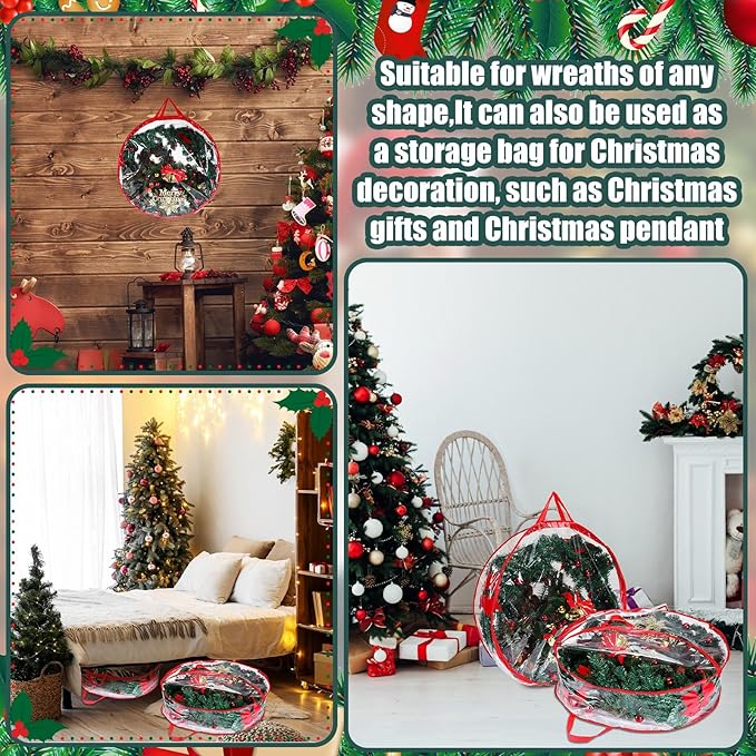 Zhengmy 4 Pack 30" 24" Wreath Storage Container Clear Christmas Wreath Storage Bags with Handle and Dual Zipper Plastic Decorative Garland Protector for Xmas Seasonal Holiday(Red)