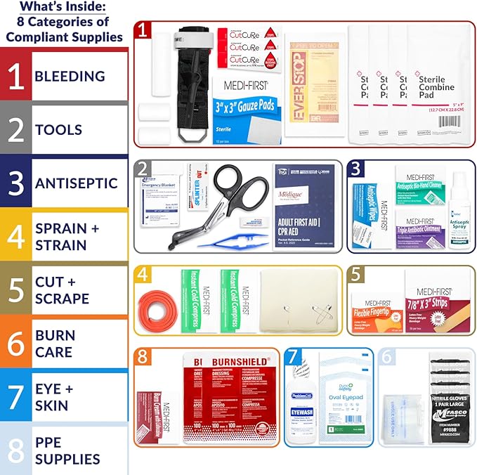 MFASCO 2 Shelf First Aid Cabinet - ANSI/OSHA Class B Type I & II - Medi First Brand Bandages - Carry or Wall Mount - Easy Restock & Refill - - White Enamel Finish - 226 Pcs - 16"x11"x4 7/8"