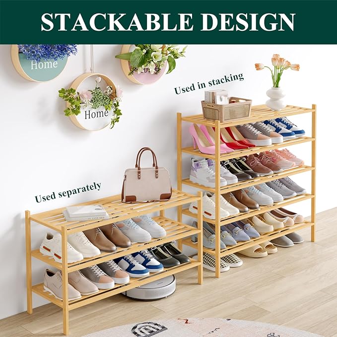Smiry Long Bamboo Shoe Rack 2-Tier, Stackable Wooden Shoe Organizer for Entryway & Closet, Free Standing Wood Shoe Storage Shelf for Front Door & Small Spaces, Natural