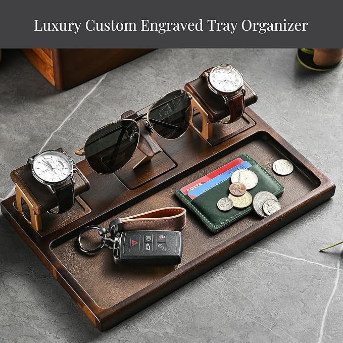 Shanik Wooden Nightstand Organizer – Everyday Carry Docking Station with Watch Holder & Glasses Tray, Personalized Gift for Men or Women