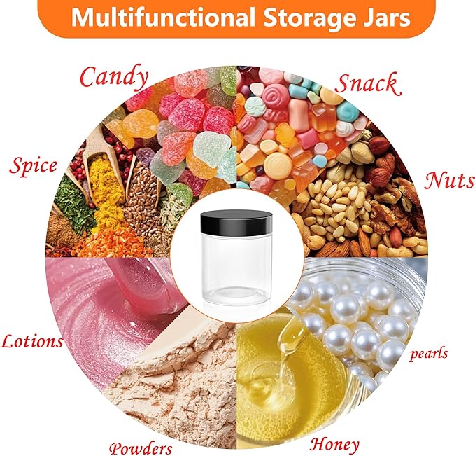 ihomecooker 84PCS 4oz/125ml Small Plastic Jars with Screw On Black Lids Seal Stickers Bottle Lid,Clear Container for Storing Dry Food,Spice,Lotion, Cosmetic, Slime, Honey Jam, Cream, Butter