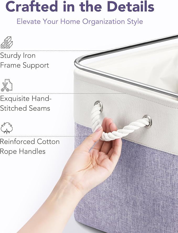 13x15x13 Storage Cube Bins, Heavy Duty Foldable Fabric Storage Bins with Handles and Metal Frame, 6 Pack Large Closet Organizer Bins for Clothes, Socks, Towels, White Purple