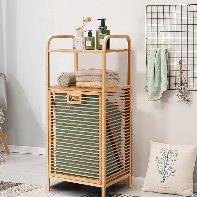 Giantex Laundry Hamper Tilt-Out Laundry Linen Hamper Bamboo Freestanding Clothes Basket W/Shelf & Removable Liner, Storage Laundry Shelf for Bathroom Living Room Bedroom, Natural