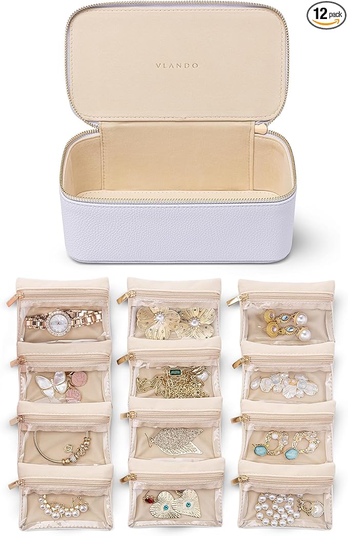 Vlando Jewelry Box with 12 Velvet Jewelry Bags Travel Jewelry Case for Girls Jewelry Organizers Necklace Rings Earrings Storage Bags Christmas Gifts Bridal Shower Gifts-Purple