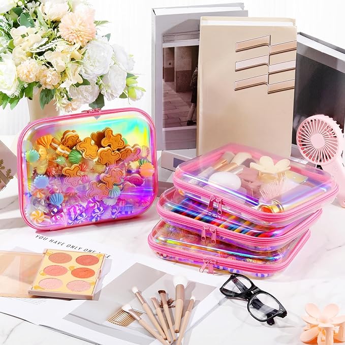 Hoolerry 4 Pcs Hard Clear Zipper Case Makeup Bags Plastic Pencil Pouch Transparent Storage Box Containers for Cosmetics, Snacks, Building Blocks, Puzzles(Pink Laser,9.8 x 7.9 x 2 in)