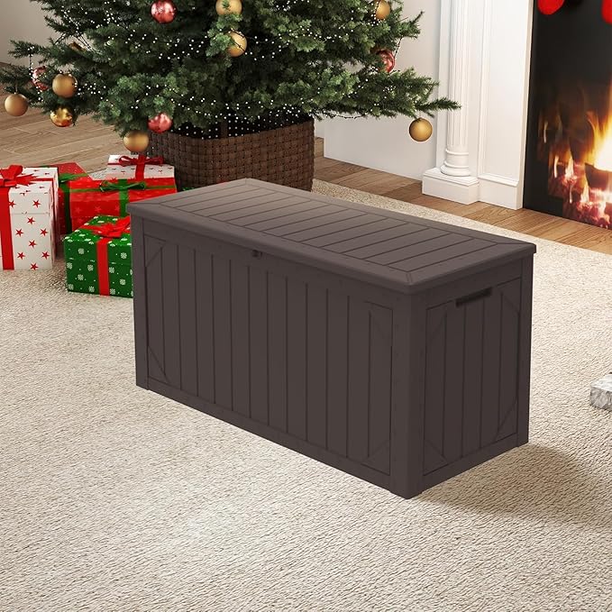 110 Gallon Resin Deck Box Waterproof Outdoor Storage Box for Patio Furniture Pool Accessories Indoor Storage for Cushion Garden Tools, Brown