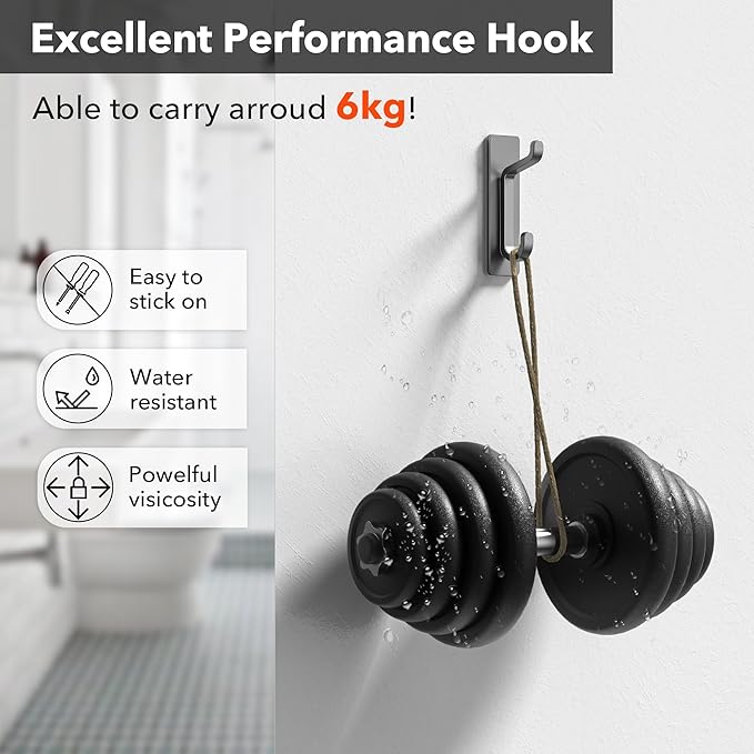 pickpiff Wall Hooks for Coat and Towel: 13LB Strong Adhesive Door Hanger Stick on, Grey 6 Pack