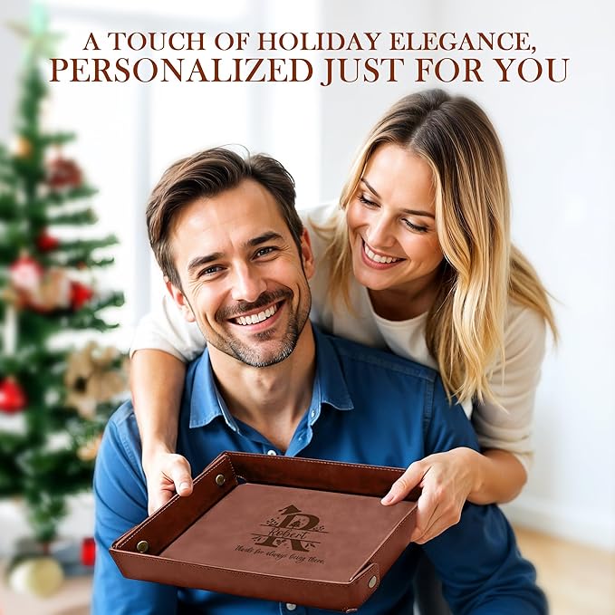 Engraved Christmas Light Coffee Leather Valet Tray – Personalized Rectangle Catchall Organizer for Wallet, Keys & Jewelry – Gift for Men, Dad, Couples – Dresser Top or Coffee Table Decor