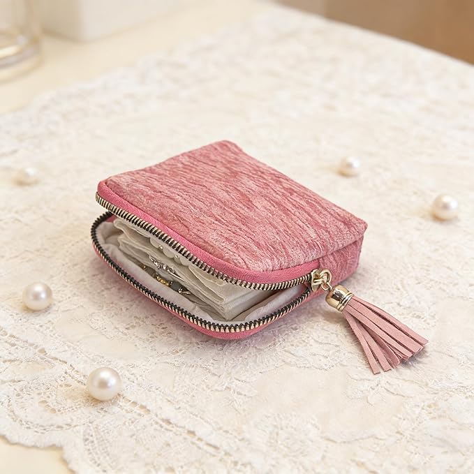Small Travel Jewelry Case - Jewelry Travel Organizer Bag with Tassel Zipper for Bracelets, Necklaces, Bangles, Jewelry Organizer Storage Bag Gift for Women Girls - LJB001-Pink