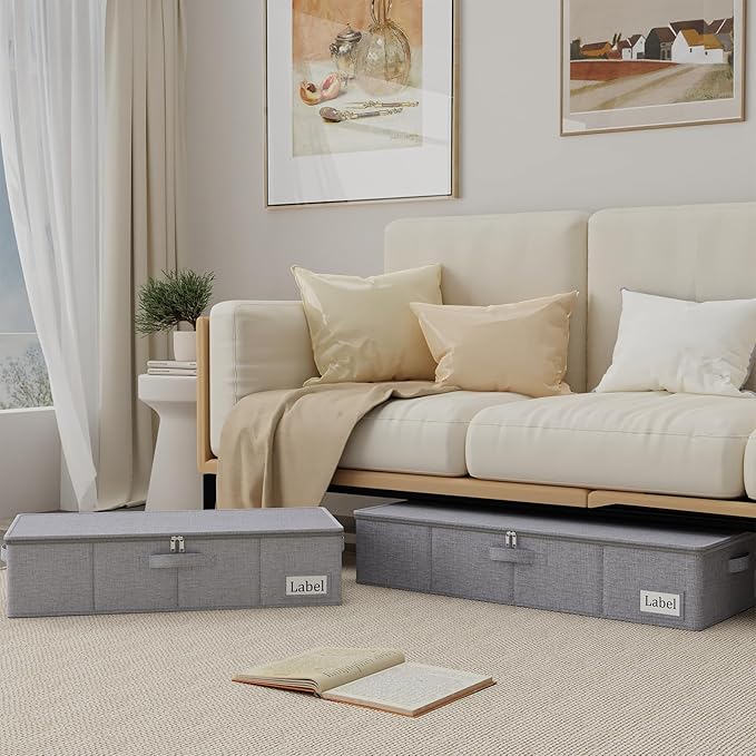 Yawinhe Underbed Bags, Storage Containers Bags with Lid, Foldable Blanket Bins, with Sturdy Zipper und Label Holders, for Clothing, 23.6''Lx11.8''Wx6''H, 2 Pack, Grey