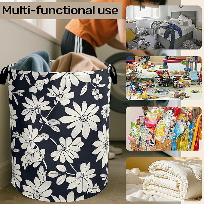 Black White Daisy Laundry Basket - Heavy Duty 60L Dirty Clothes Organizer, Water Resistant Foldable Hamper for Men Women